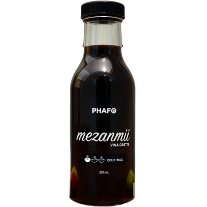Bouteille de vinaigrette Mezanmii Phafo, balsamique-érable haïtienne